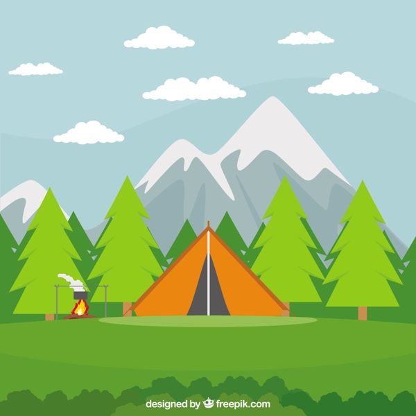 橙色野营帐篷在一个美丽的风景