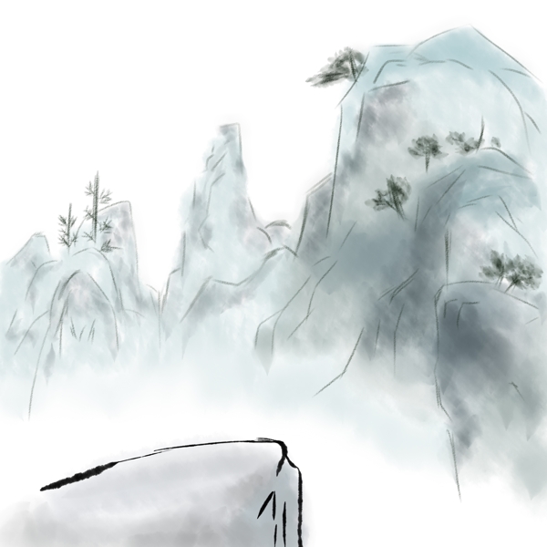 中国风水墨彩绘山水石崖风景
