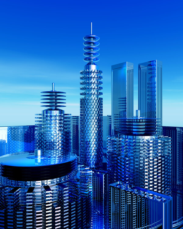 商業(yè)空間樓房建筑效果圖高樓大廈高科技區(qū)水滴科幻