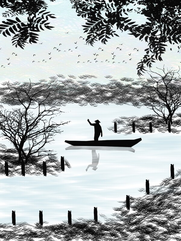 中式手绘水彩沼泽丛林装饰画