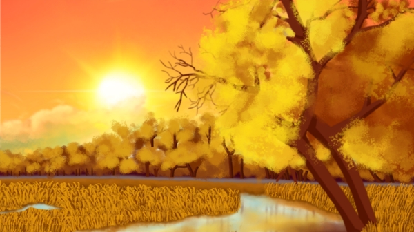 立秋之秋天的枫叶满园红暖洋洋治愈风景插画