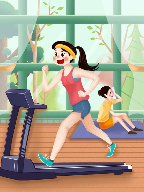 运动美女健身房跑步减肥锻炼小清新绿色插画