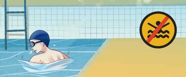 简约卡通溺水池塘泳池背景海报
