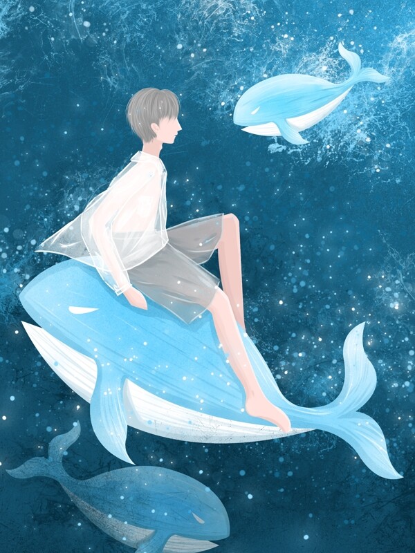 治愈系插画海蓝时见鲸深海的男孩和鲸