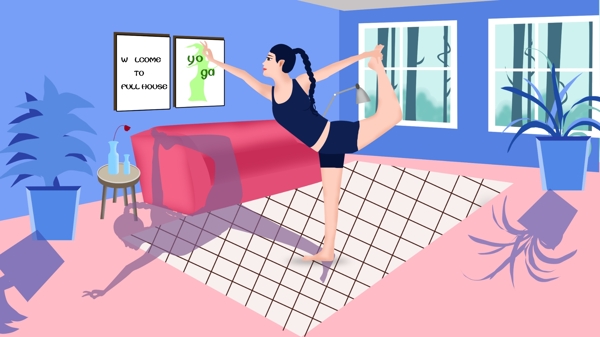 女孩室内瑜伽运动插画