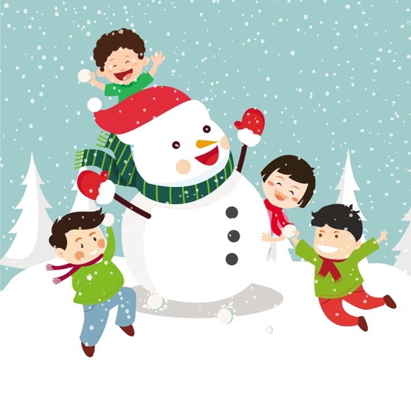 圣诞背景设计和快乐的孩子和雪人自由向量