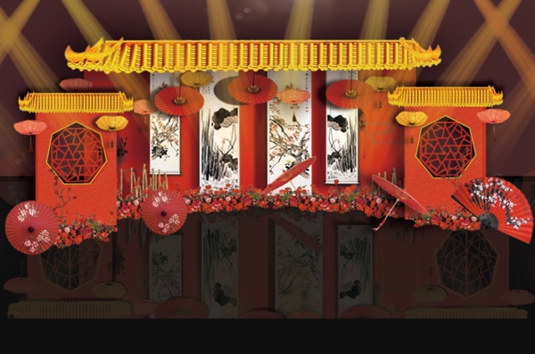 中式中国红镂空婚礼迎宾区背景效果图