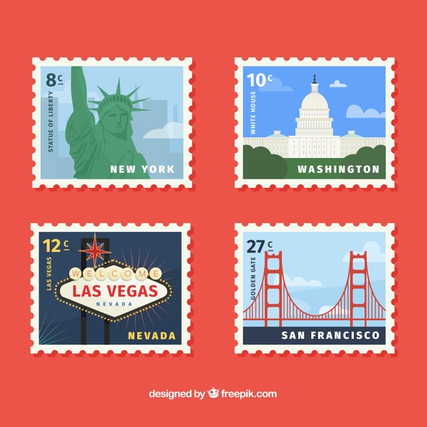 4款时尚旅游邮票设计矢量图