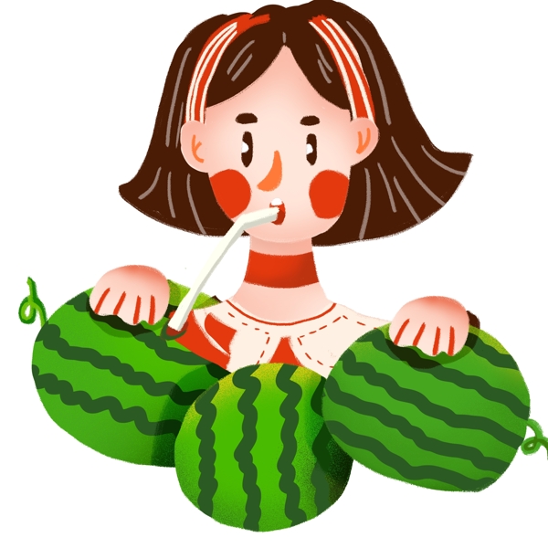 手繪喝西瓜汁的女孩可商用