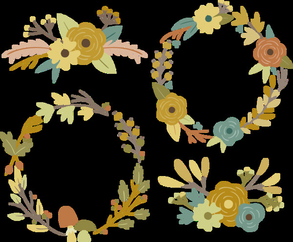 土黄色花朵手绘花环装饰元素
