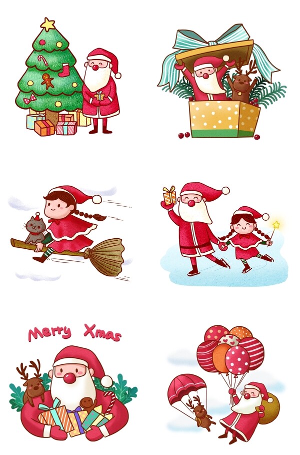 诞节送礼物的Q版手绘圣诞老人组图PNG免抠素材