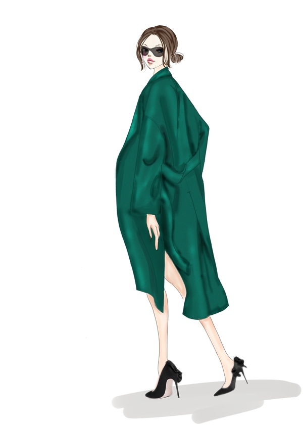 时装画服装设计绿色大衣
