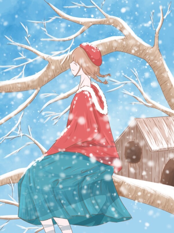 1月你好清新水彩插画坐在树上看雪的女孩