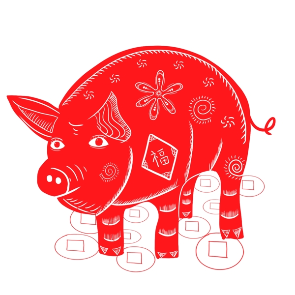 手绘新年喜庆窗花剪纸生肖猪形象元素