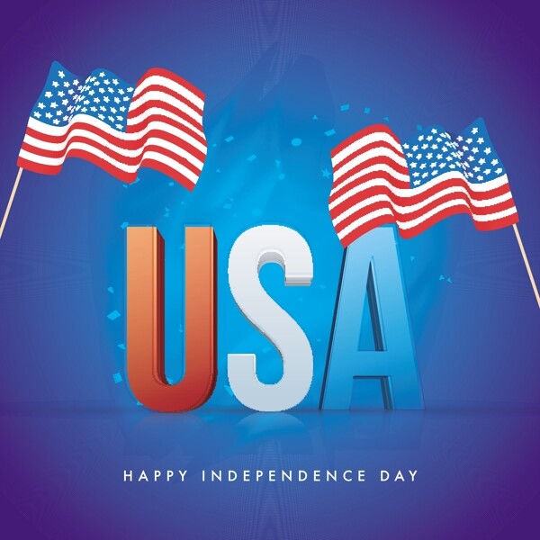 美国3D文本与飘扬的旗帜在闪亮的蓝色背景为快乐的独立日庆祝活动