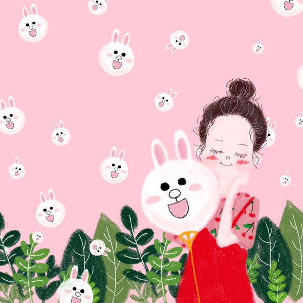 插画阳光植物女孩小小兔相框背景图