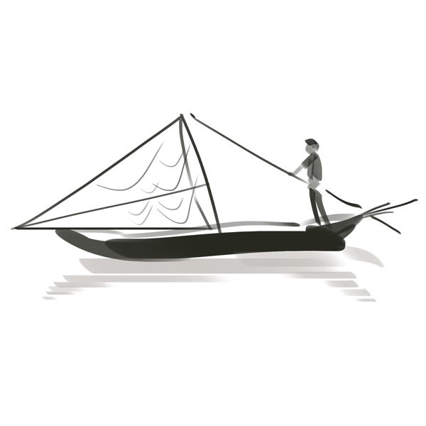 手绘渔船人物插画