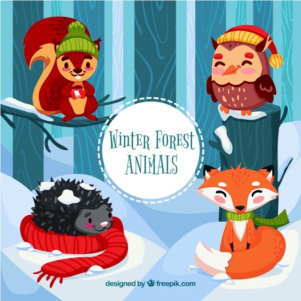 4款卡通冬季森林动物矢量素材
