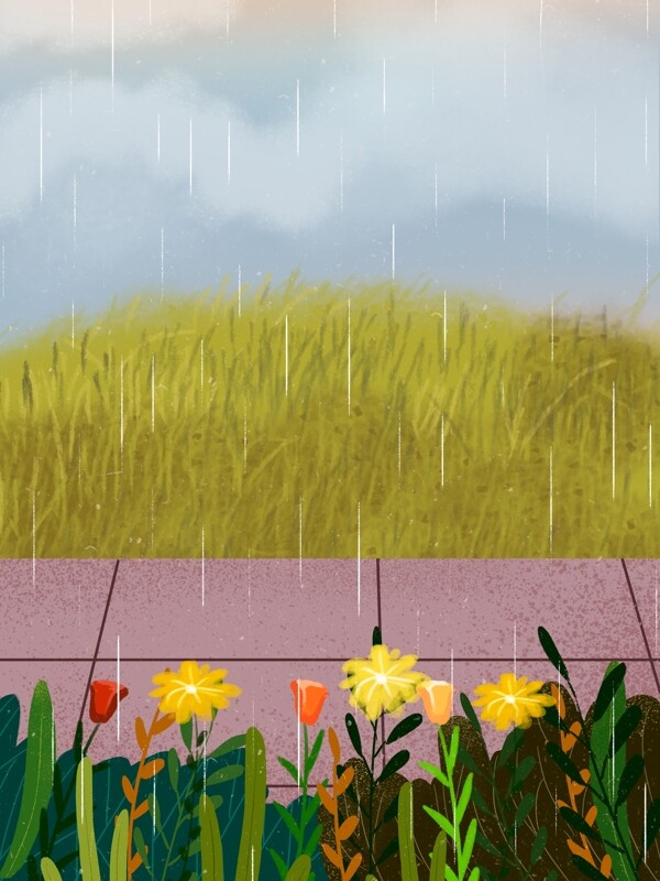 手绘夏季花丛草地下雨背景设计
