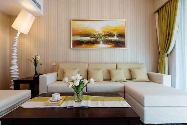 现代时尚温馨客厅土黄色窗帘室内装修效果图