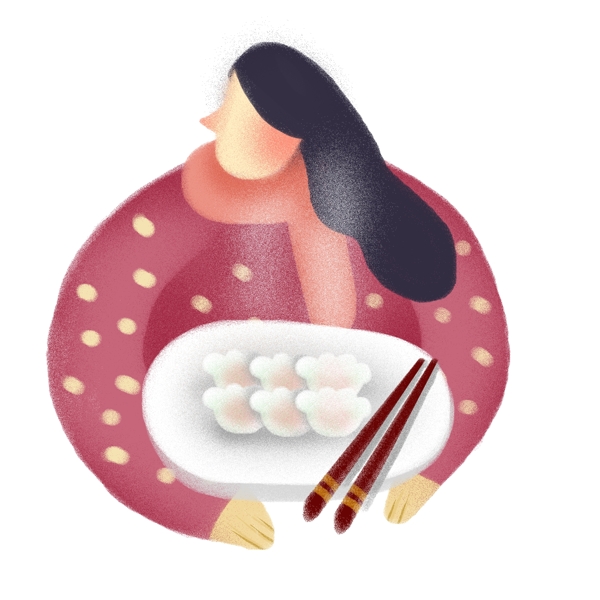 冬至吃饺子的的女孩手绘人物设计