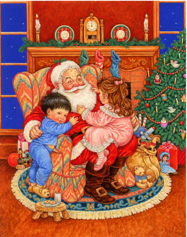 圣诞老人与儿童油画