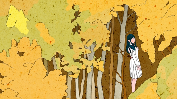 黄色树叶白衣裙装女孩卡通背景