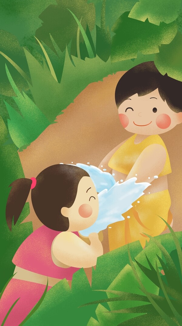 彩繪卡通潑水節(jié)人物海報(bào)背景圖