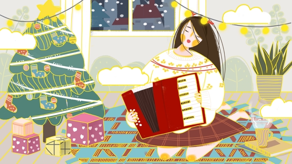 流光溢彩圣诞快乐弹手风琴的女孩插画