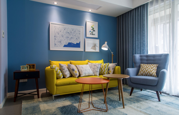 现代创意客厅蓝色背景墙设计图
