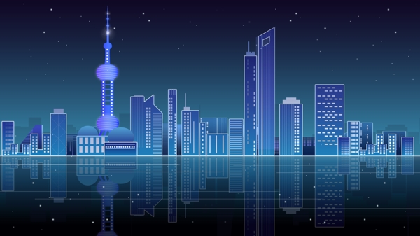 霓虹天际印象上海渐变城市夜景蓝色科技感