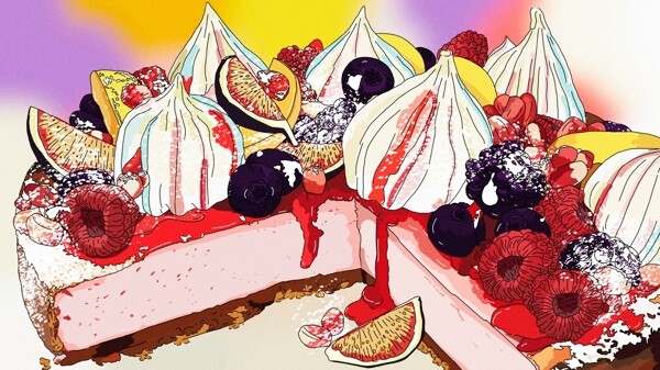 原创下午茶甜品水果奶油蛋糕美食手绘插画