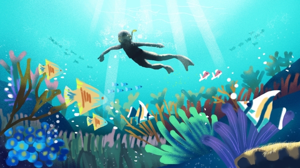 潜水海岛旅游插画