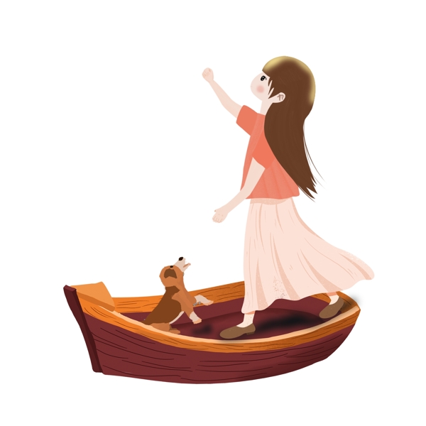 卡通木船上的女孩图案元素