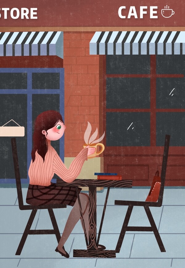 文艺卡通女孩喝咖啡背景