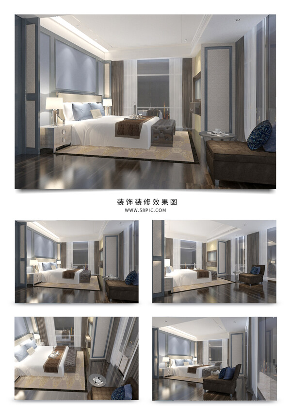现代酒店包间大床房空间效果图模型