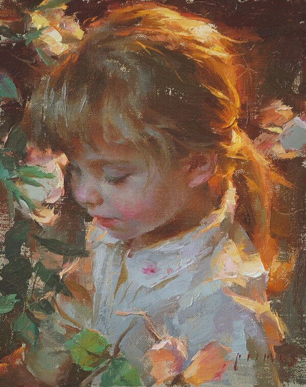 花朵边的女孩油画图片