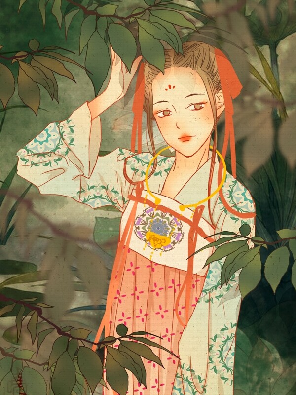 国潮古典中国风树荫下的襦裙少女