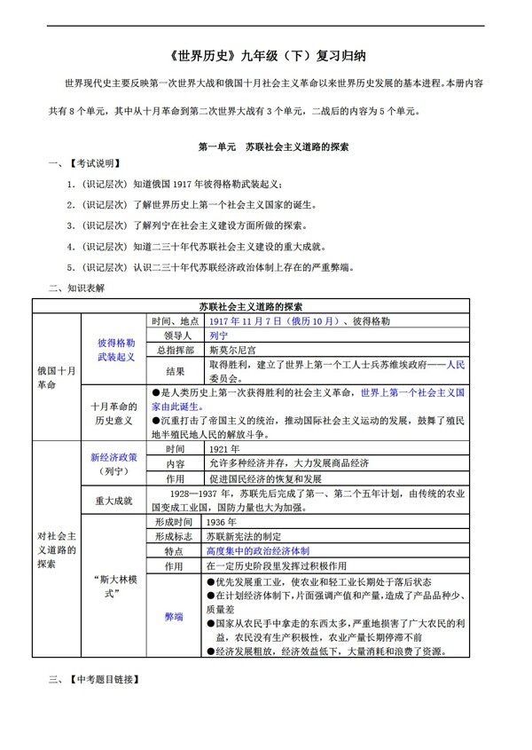 九年級(jí)下冊(cè)歷史世界九年級(jí)下知識(shí)歸納第一單元