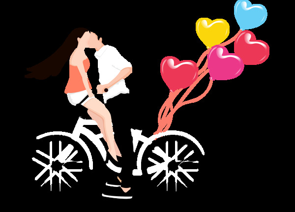 卡通夫妻在自行车上接吻png元素