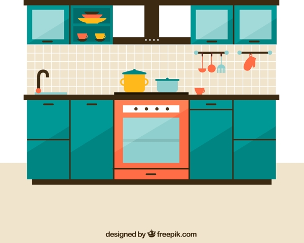 蓝绿色调厨房图片