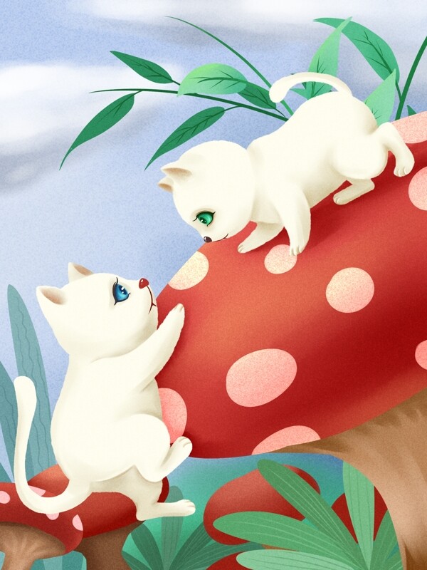 猫之日蘑菇丛林嬉戏小白猫