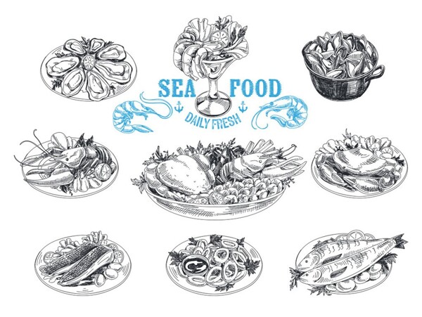 海鲜美食素描图片