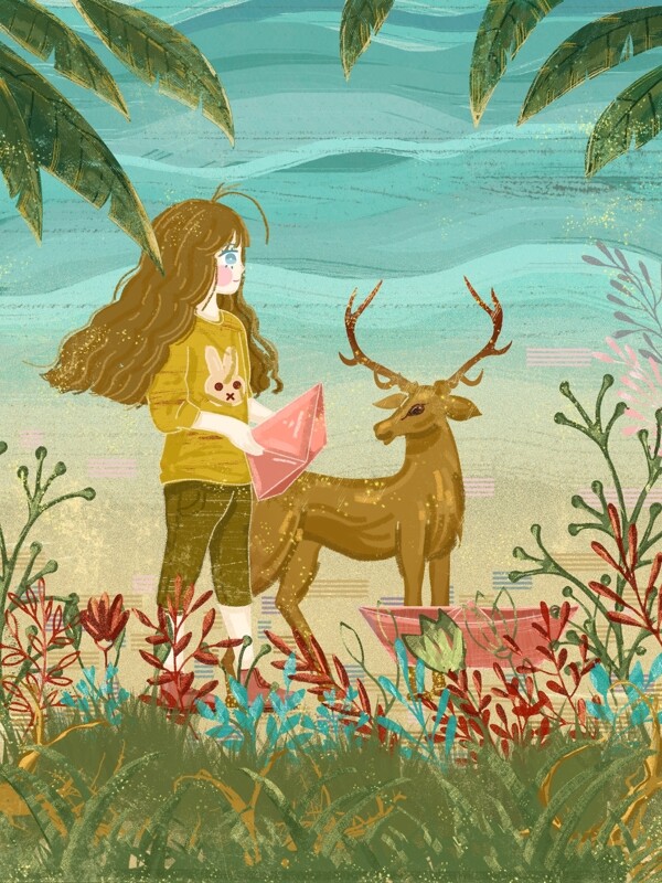 唯美小清新旅途风光海边度假的女孩与鹿