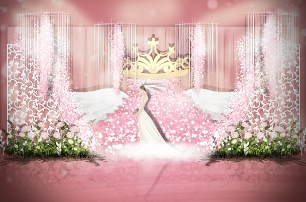粉色皇冠欧式隔断婚礼效果图