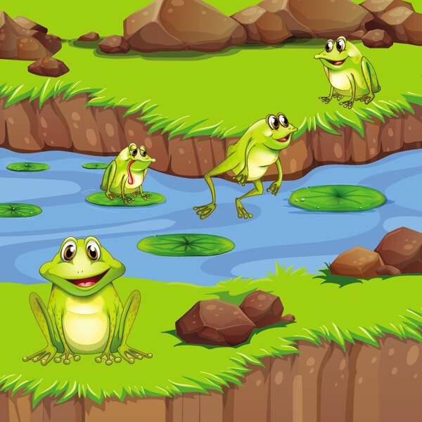 矢量池塘中嬉戏的青蛙