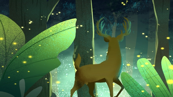 夜晚的森林中萤火虫与鹿共舞插画