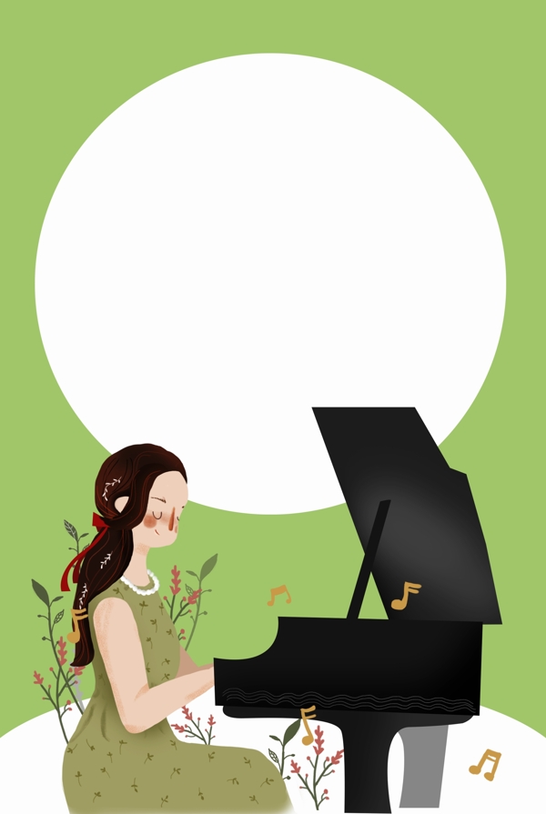 一个女孩在绿色环境里弹钢琴
