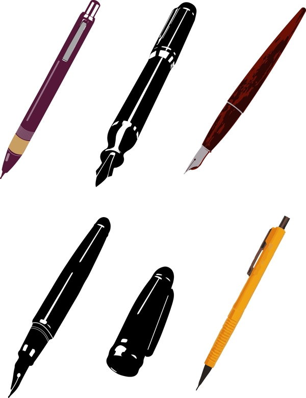 写实风格钢笔自动笔学习用品集合