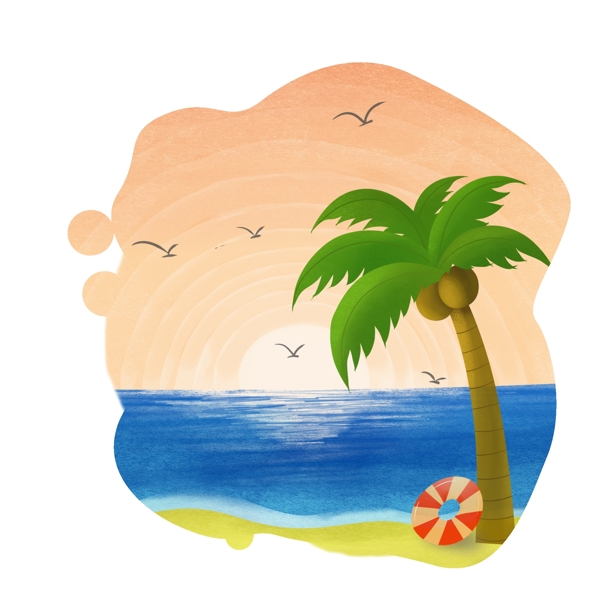 夏至黄昏椰树大海沙滩日落泳圈海鸥椰子